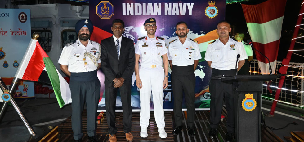 Consul General Shri Satish Sivan along with the Commanding Officer of INS Shardul and other officers during a dinner reception onboard of INS Shardul during it's visit to Dubai. October 14, 2024